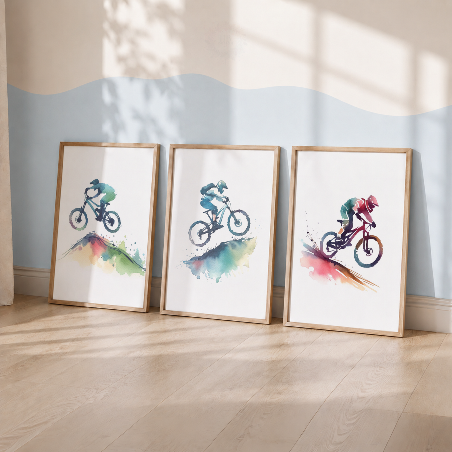 Mountain Biking Watercolor Wall Art Set – Colourful MTB Cyclist & Trail Sports Prints