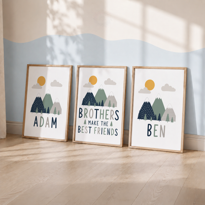 Mountain Brothers – Personalised Set of 3 Brothers Nursery Prints