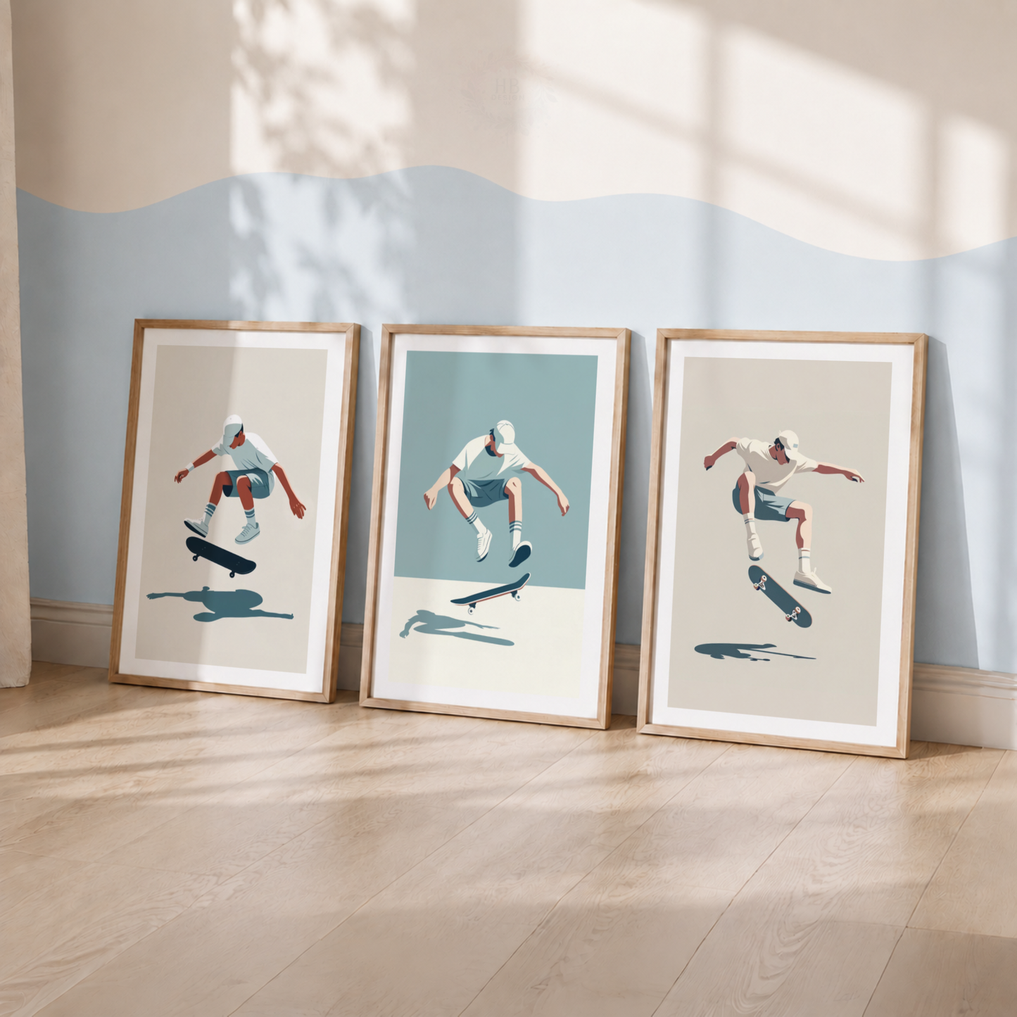 Skateboarding Wall Art Set – Blue & Neutral Skateboarder Sports Prints
