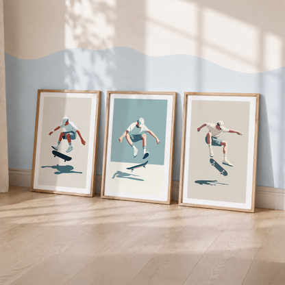 Skateboarding Wall Art Set – Blue & Neutral Skateboarder Sports Prints