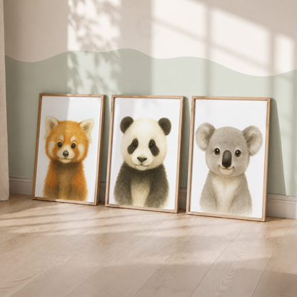 Cute Woodland & Wild Animals Wall Art Set – Red Panda, Panda & Koala Nursery Prints