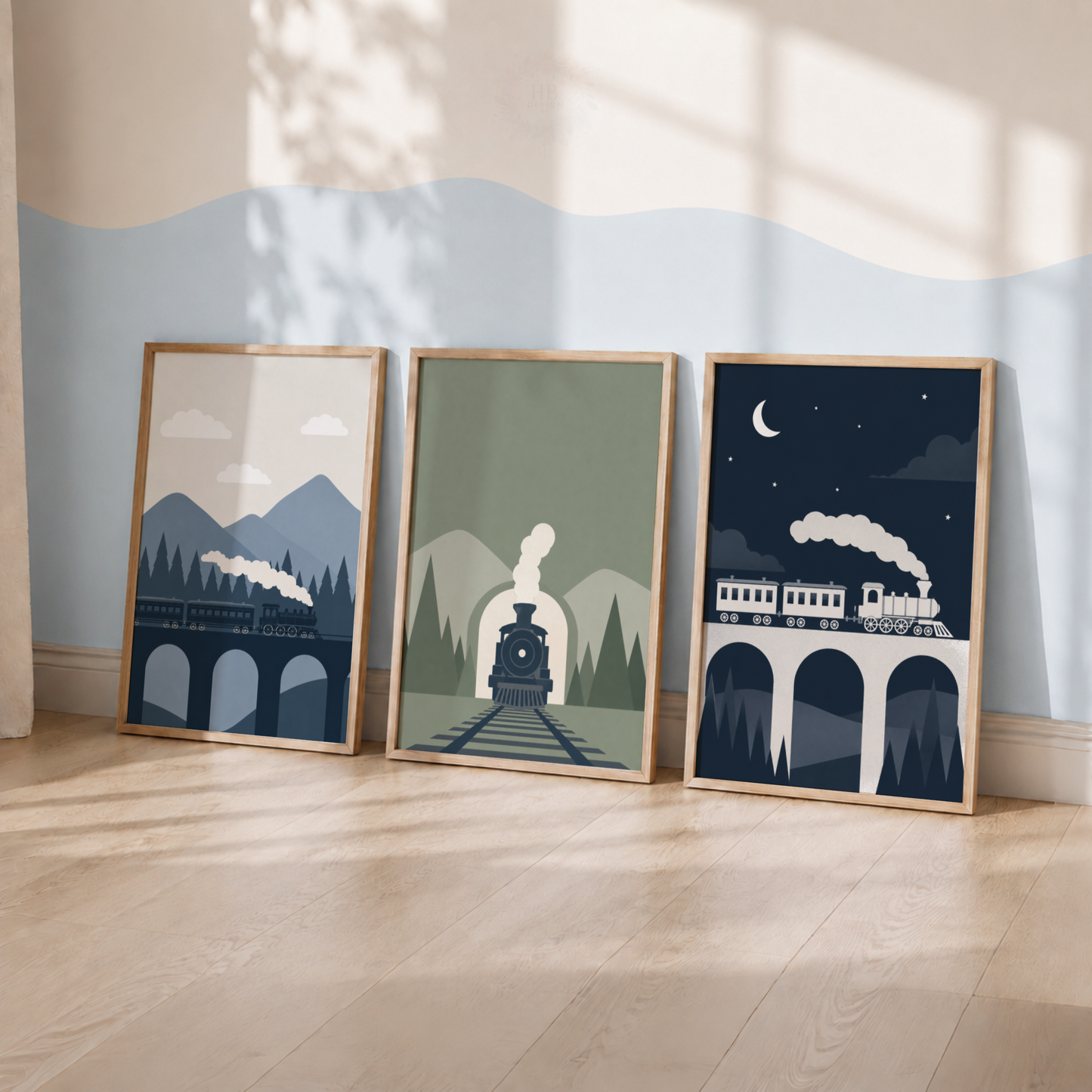 Vintage Train Wall Art Set – Mountain Railway Nursery Prints