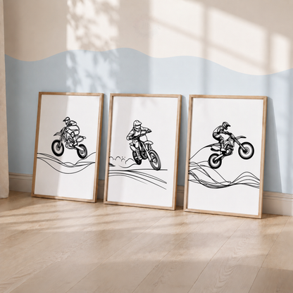 Motocross Wall Art Set – Black & White Dirt Bike Prints for Boys’ Bedroom