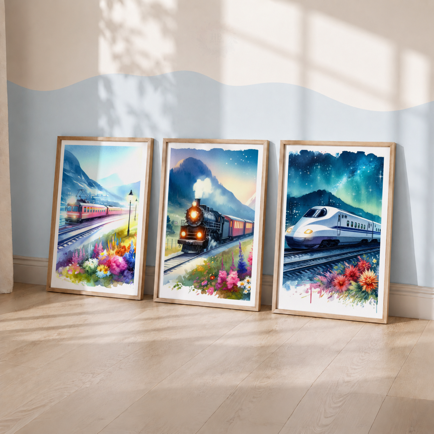 Colorful Train Wall Art Set – Railway Watercolor Prints