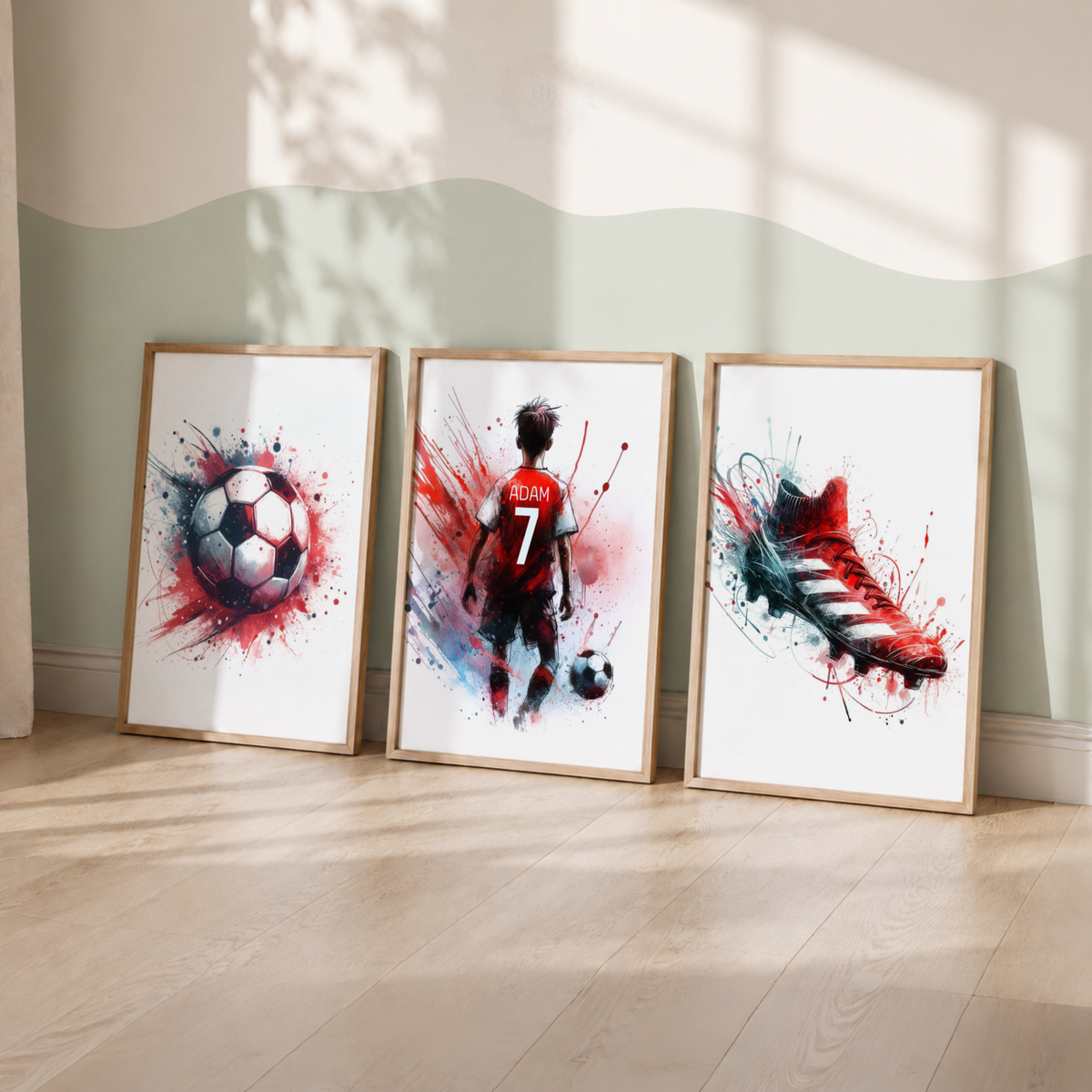 Personalized Red & Black Football Wall Art Set – Custom Name & Number Football Watercolor Prints