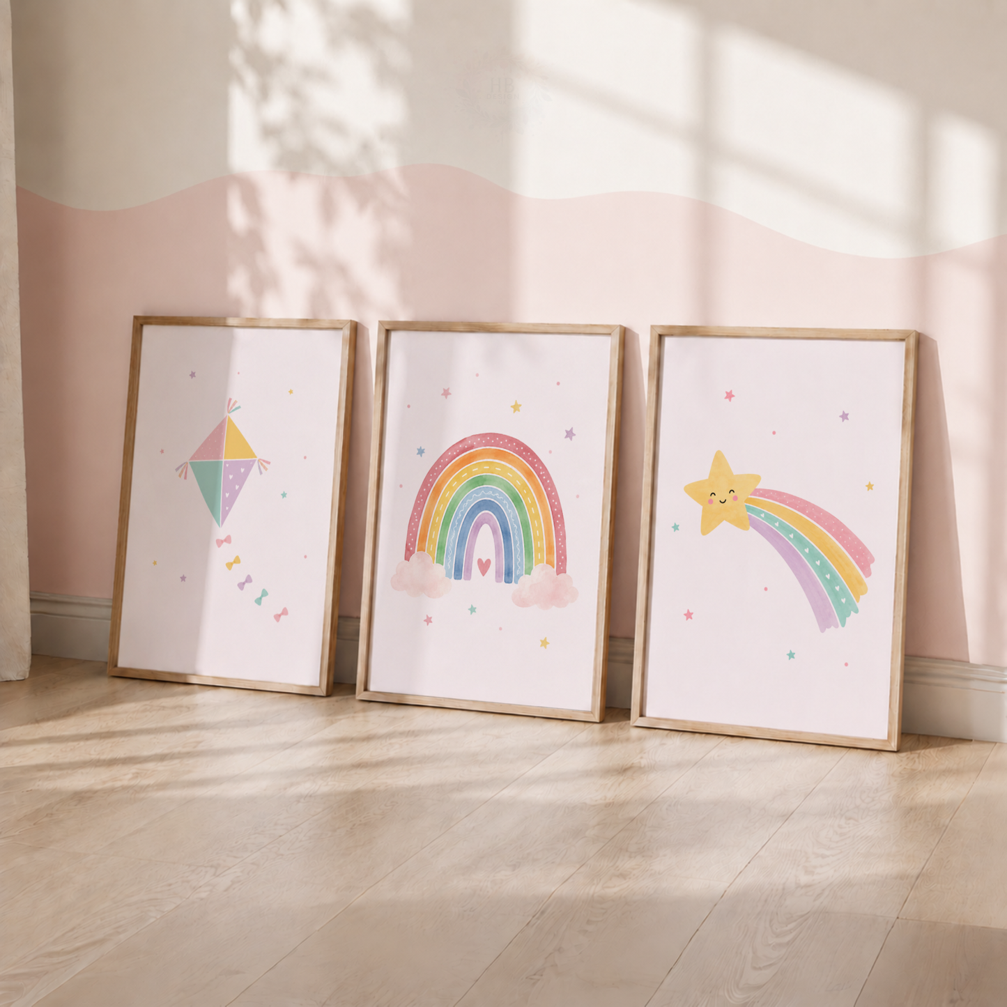 Rainbow & Shooting Star Nursery Prints – Set of 3 Colourful Girls’ Wall Art