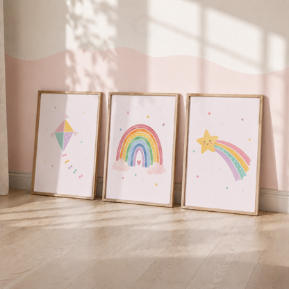 Rainbow & Shooting Star Nursery Prints – Set of 3 Colourful Girls’ Wall Art