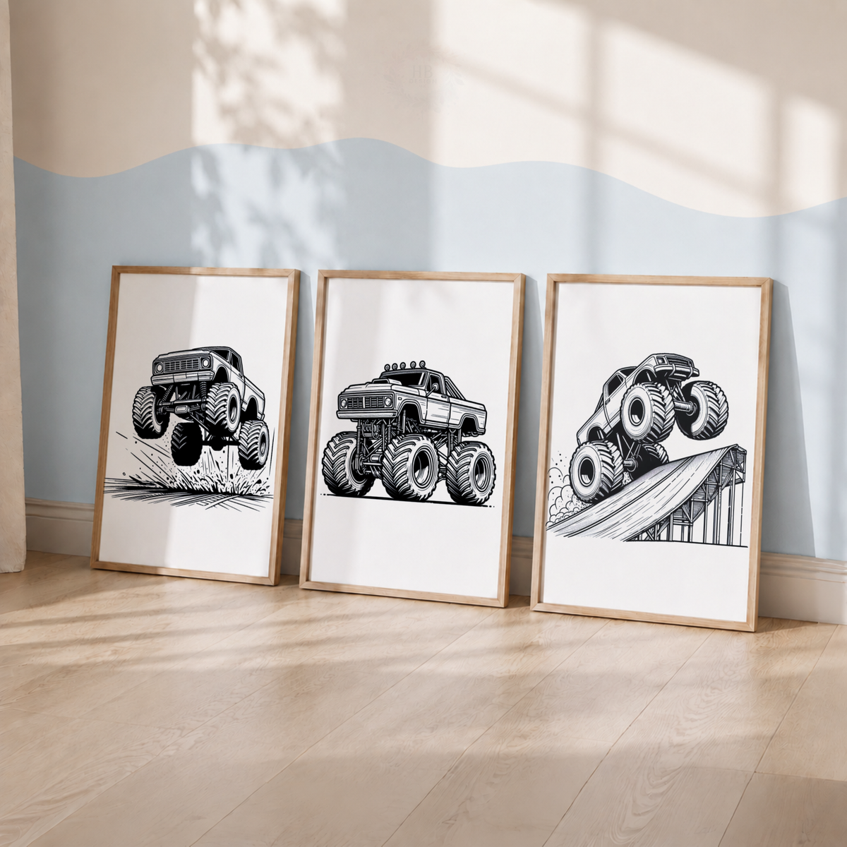 Monster Truck Wall Art Set – Black & White Kids Room Prints