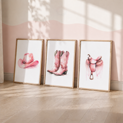 Pink Cowgirl Wall Art Set – Cowboy Hat, Boots & Saddle Prints