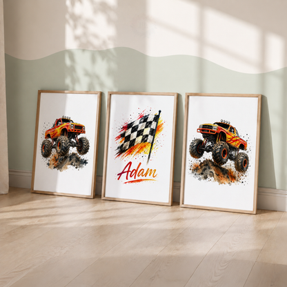 Personalised Orange Monster Truck Wall Art Set – Racing Flag & Off-Road Truck Prints