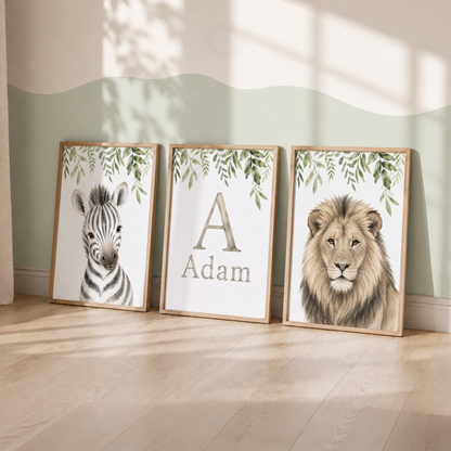 Wild & Free – Personalised Set of 3 Safari Animal Nursery Prints