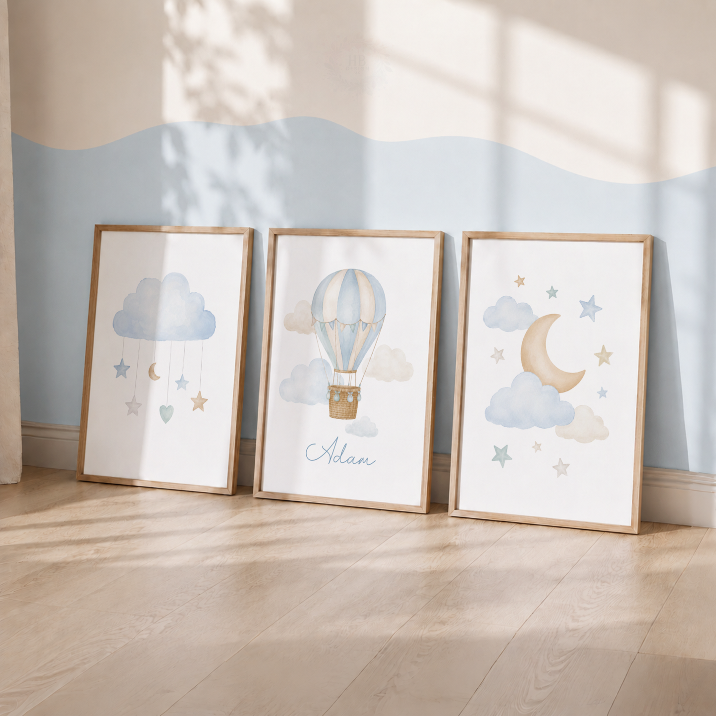 Personalised Hot Air Balloon Nursery Wall Art Print Set – Blue Moon & Stars