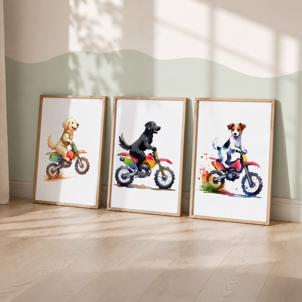 Watercolour Dogs on Motorbikes Wall Art Set – Fun Kids’ Nursery Prints