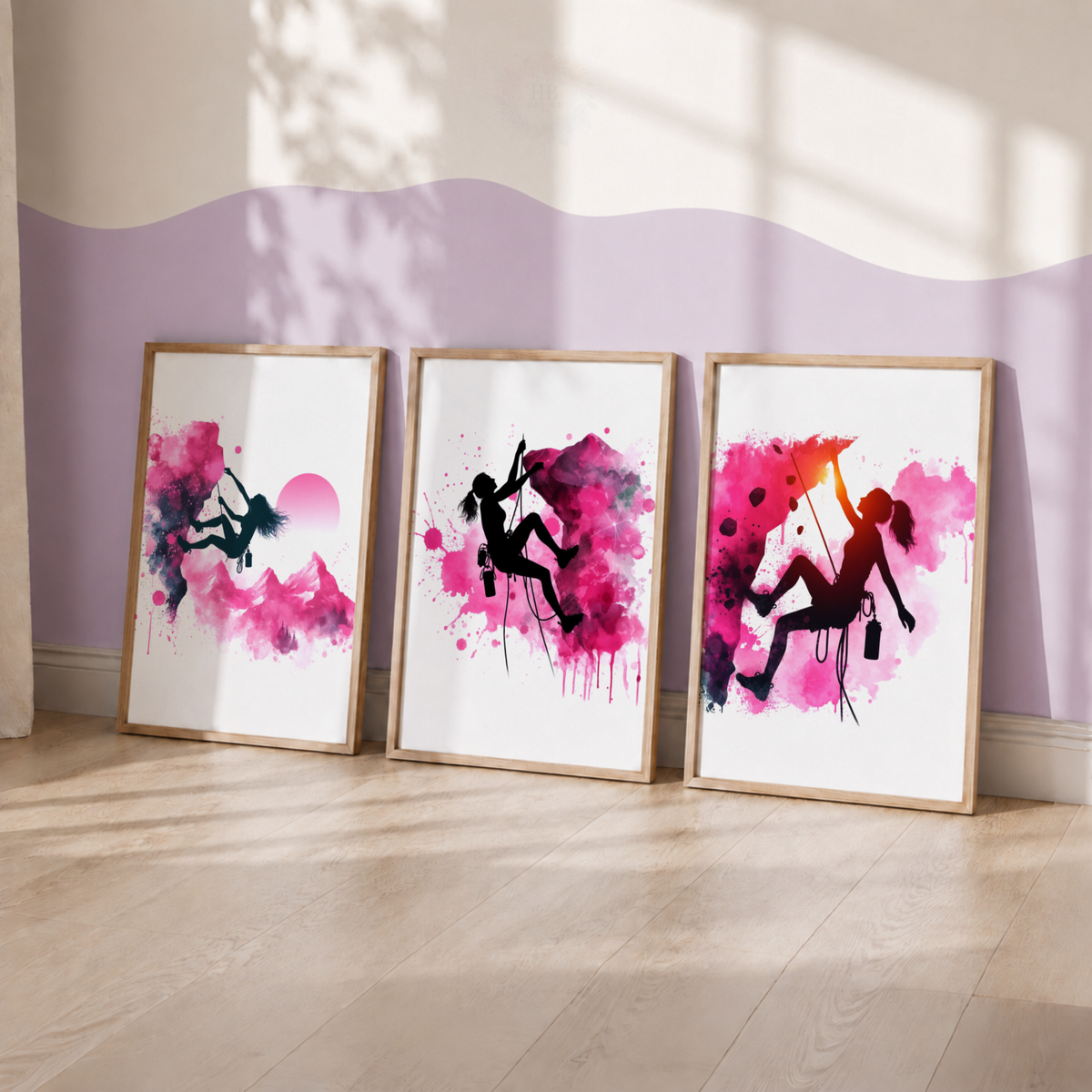 Girls Rock Climbing Wall Art Set – Pink Watercolour Climber Prints for Bedroom
