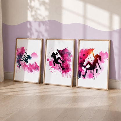 Girls Rock Climbing Wall Art Set – Pink Watercolour Climber Prints for Bedroom