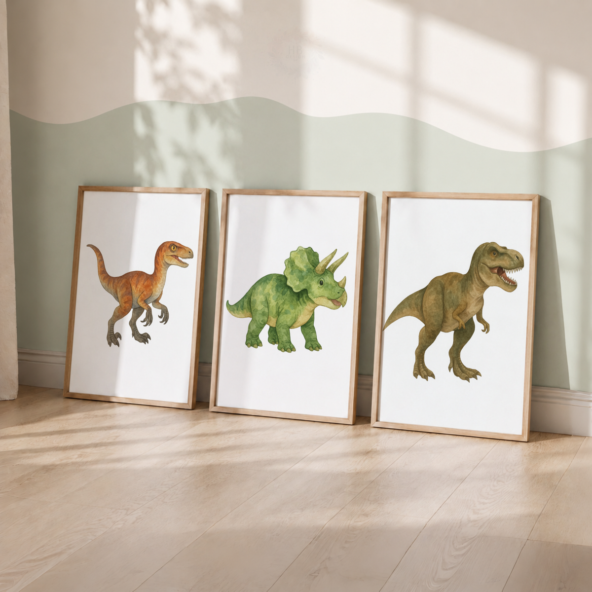 Watercolour Dinosaur Prints Set – Raptor Triceratops & T-Rex Nursery Wall Art