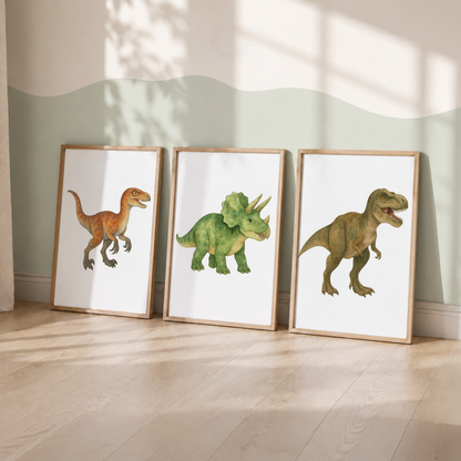 Watercolour Dinosaur Prints Set – Raptor Triceratops & T-Rex Nursery Wall Art