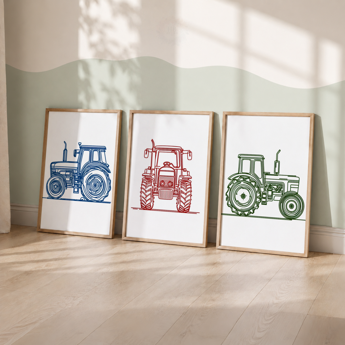 Colourful Tractor Nursery Prints Set – Blue Red & Green Farm Wall Art