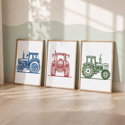 Colourful Tractor Nursery Prints Set – Blue Red & Green Farm Wall Art
