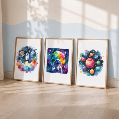 Colorful Watercolor Space Nursery Prints Set – Rocket Astronaut & Planets Wall Art