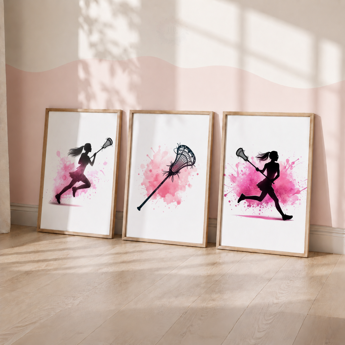 Girls Lacrosse Wall Art Set – Pink Watercolour Female Lacrosse Player Prints