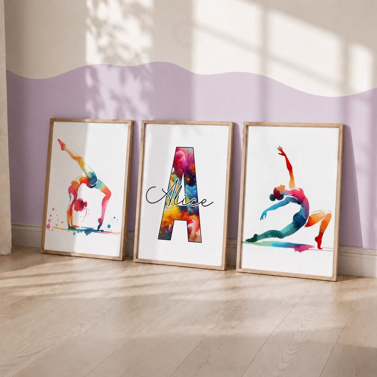 Personalised Gymnastics Wall Art Set – Rainbow Watercolour Gymnast Prints