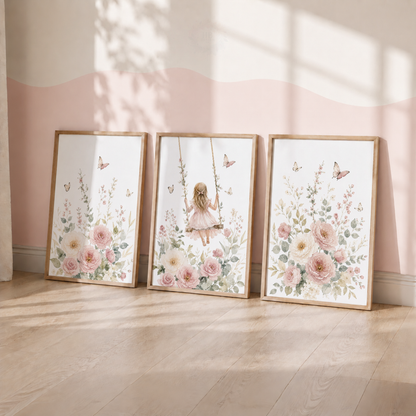 Floral Girl Nursery Prints – Set of 3 Pink Flowers, Butterflies & Swing Wall Art