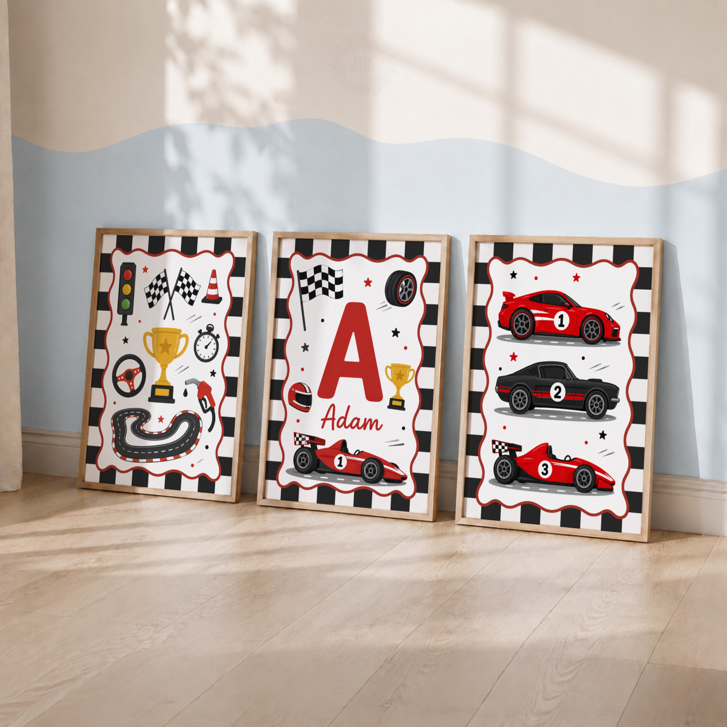Race Day – Personalised Set of 3 Racing Car Nursery Prints