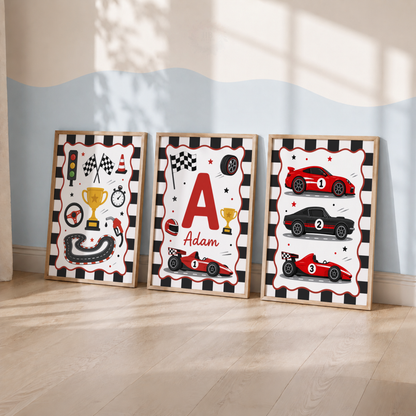 Race Day – Personalised Set of 3 Racing Car Nursery Prints
