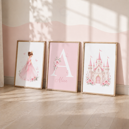 Personalised Princess Nursery Prints – Set of 3 Pink Castle, Princess & Name Wall Art
