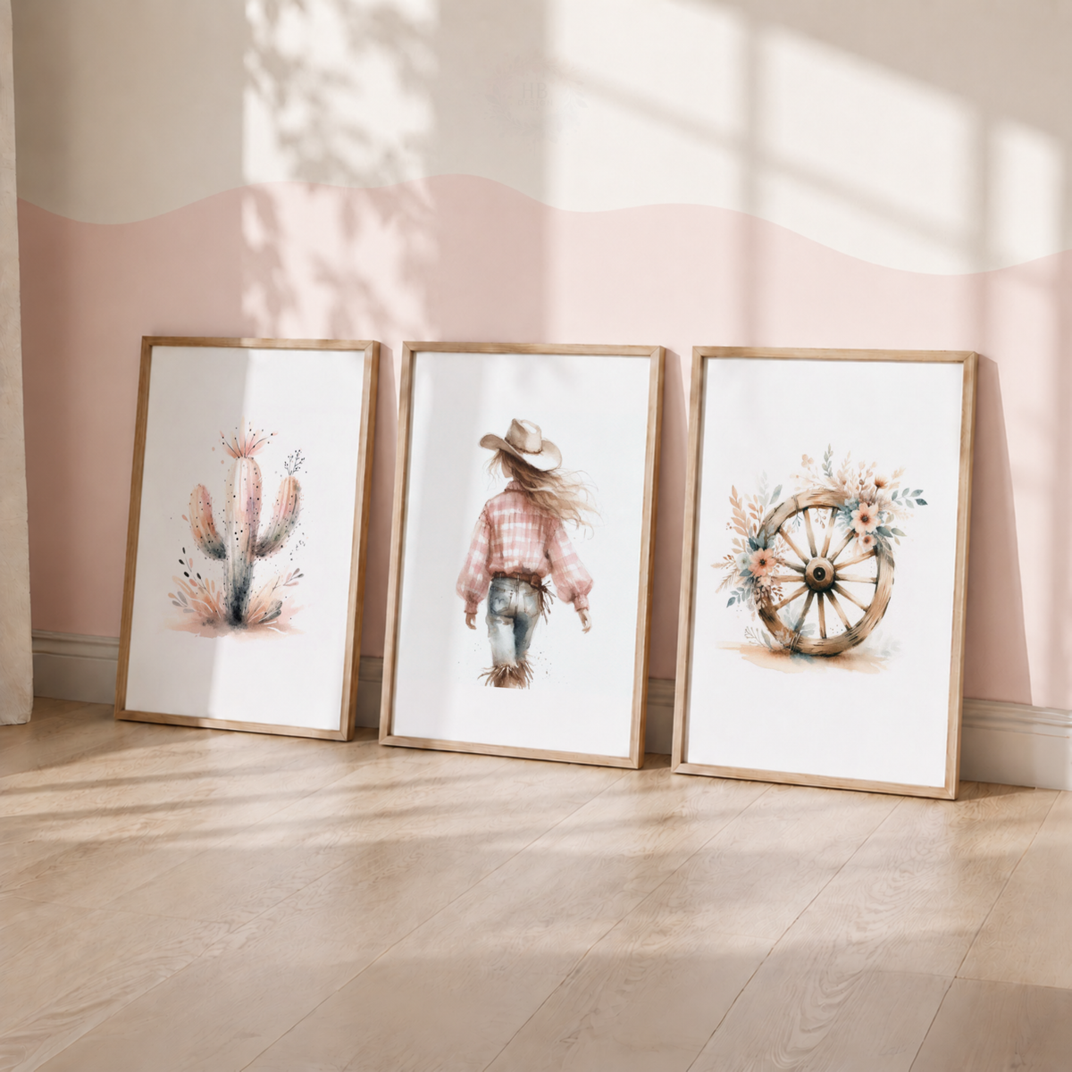 Pink Cowgirl Western Wall Art Set – Cactus & Wagon Wheel Prints
