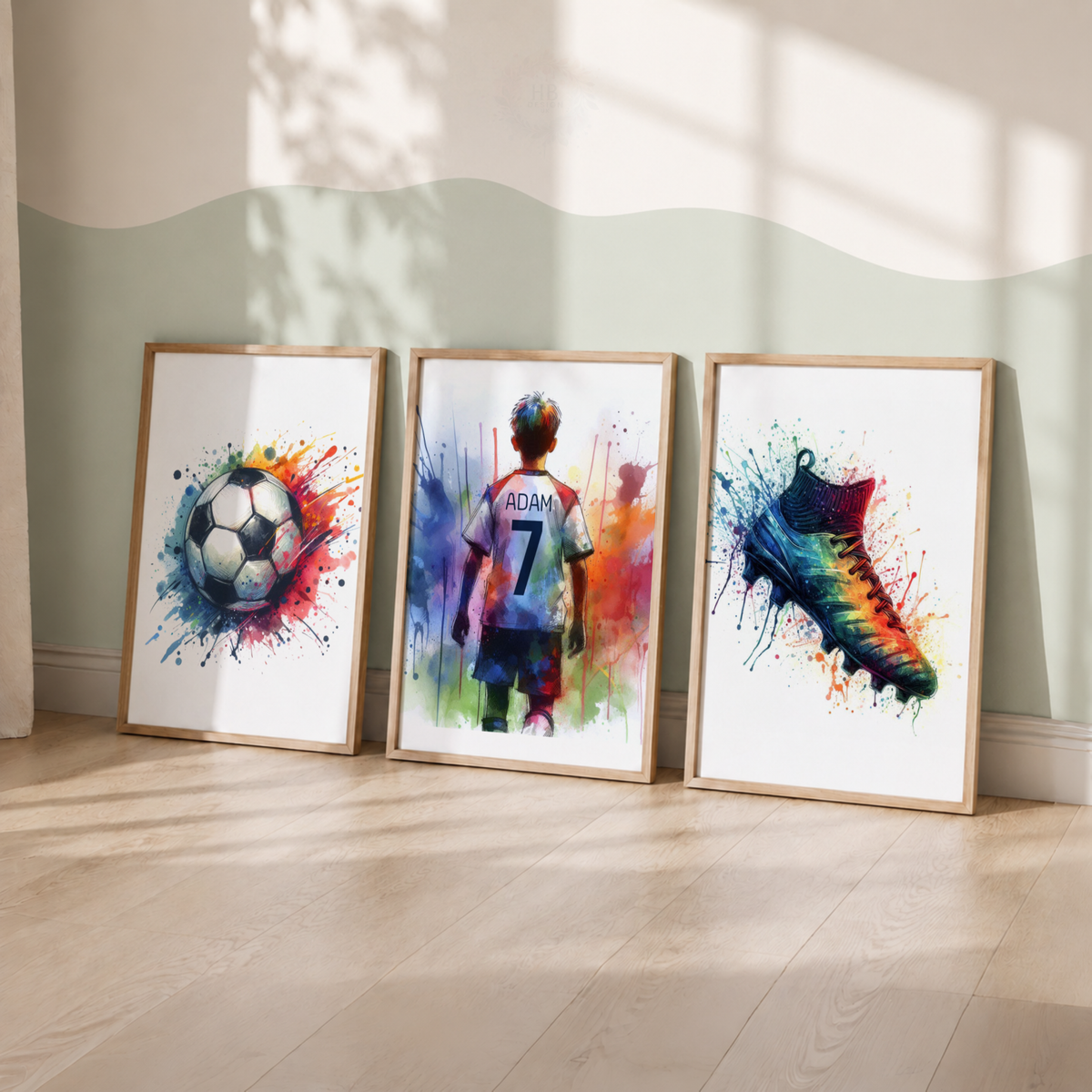 Personalised Colorful Football Wall Art Set – Custom Name & Number Football Watercolor Prints