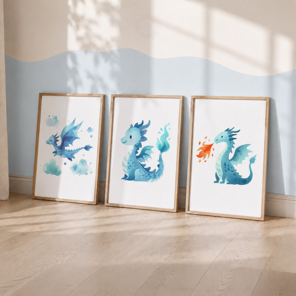 Blue Watercolour Dragon Wall Art Set – Cute Fantasy Nursery Prints
