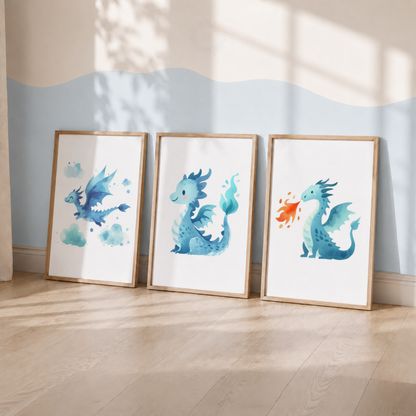 Blue Watercolour Dragon Wall Art Set – Cute Fantasy Nursery Prints