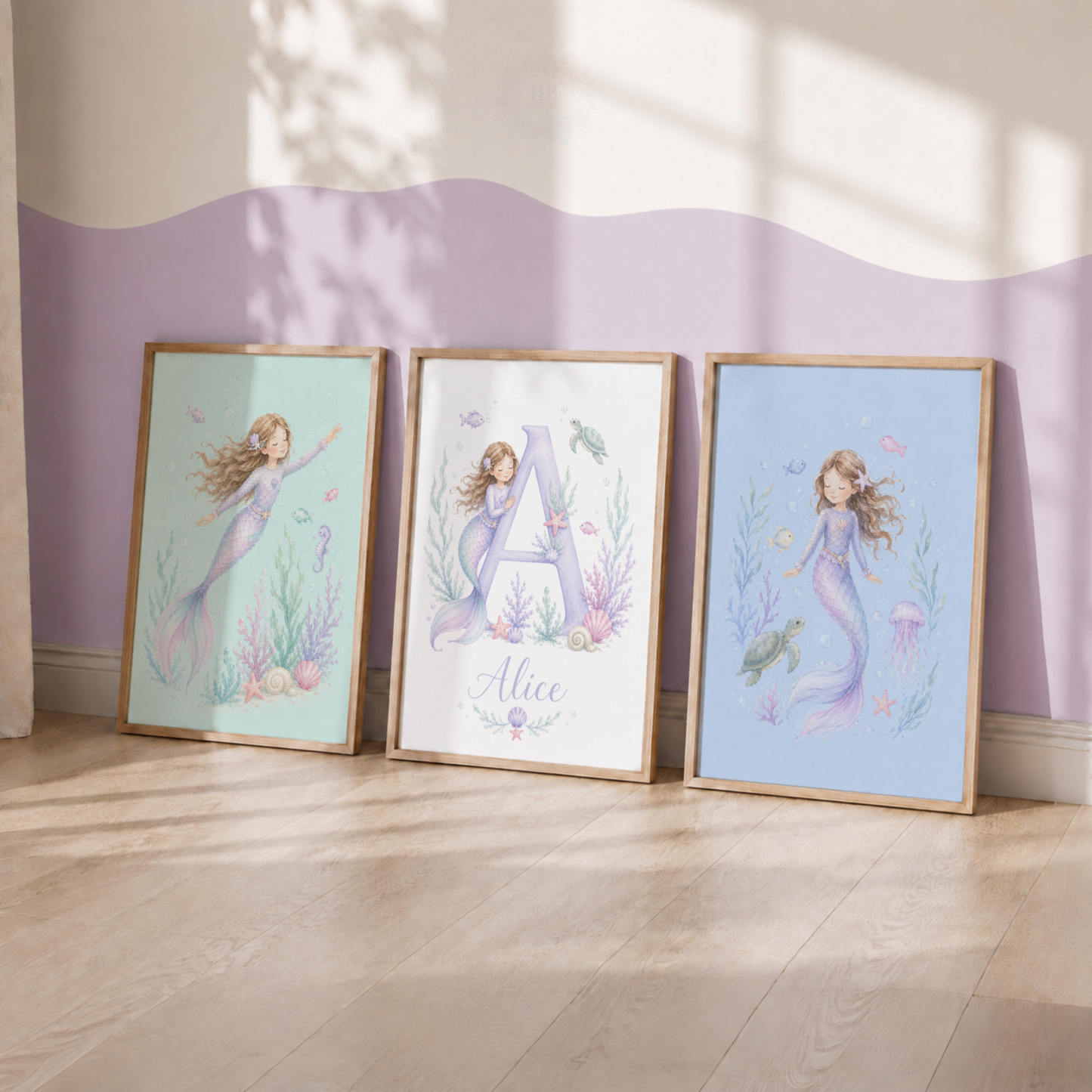 Personalised Mermaid Nursery Prints – Girls Under the Sea Wall Art Set