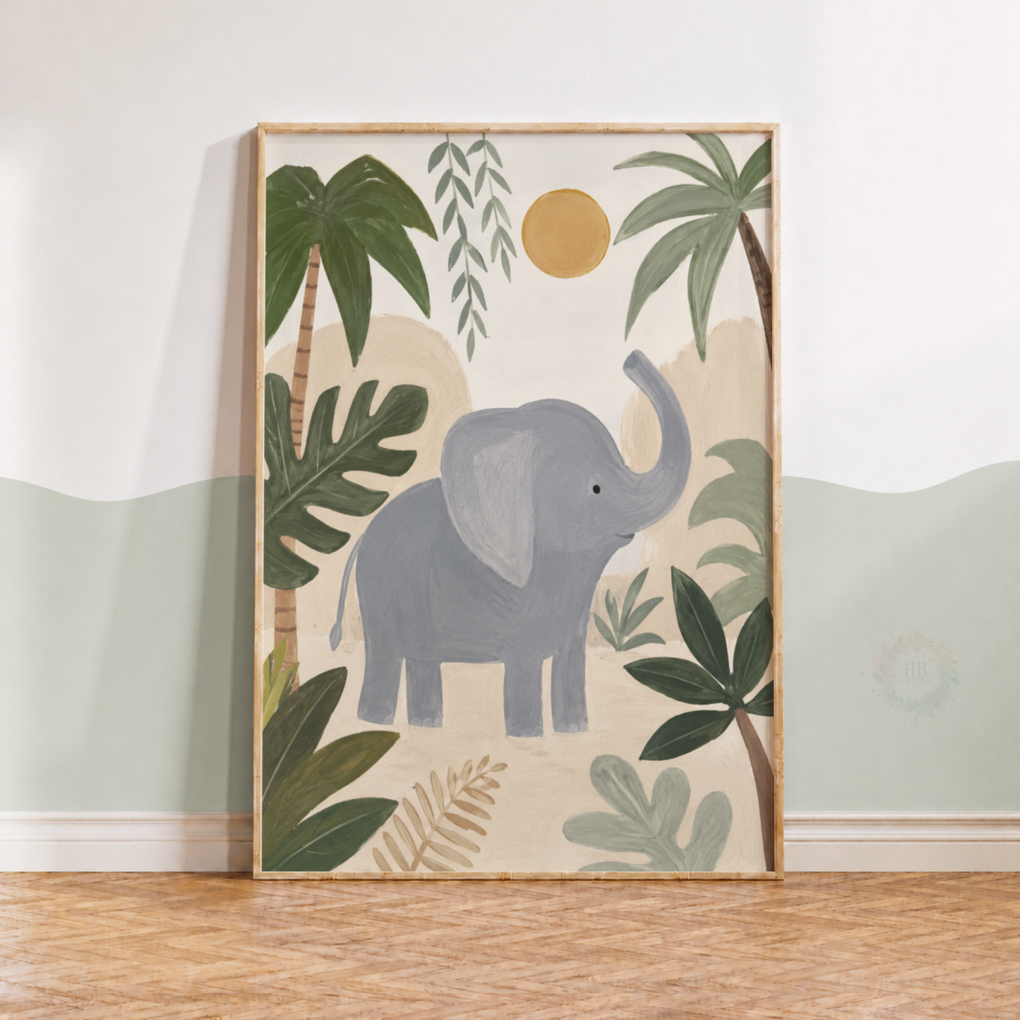 Elephant Jungle Nursery Print – Safari Animal Kids Wall Art