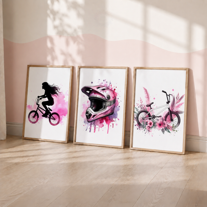 Girls BMX Wall Art Set – Pink Watercolour Female BMX Rider Prints