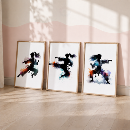 Girls Karate Wall Art Set – Watercolour Martial Arts Prints for Bedroom