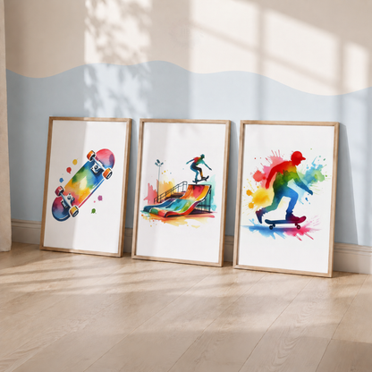 Skateboarding Watercolor Wall Art Set – Colourful Skateboard & Skater Sports Prints