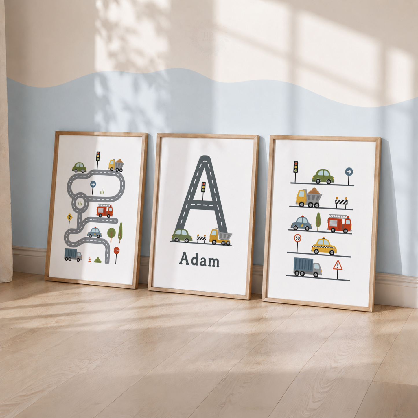 Personalised Transport Nursery Prints – Set of 3 Cars & Road Boys’ Wall Art