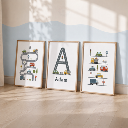 Personalised Transport Nursery Prints – Set of 3 Cars & Road Boys’ Wall Art