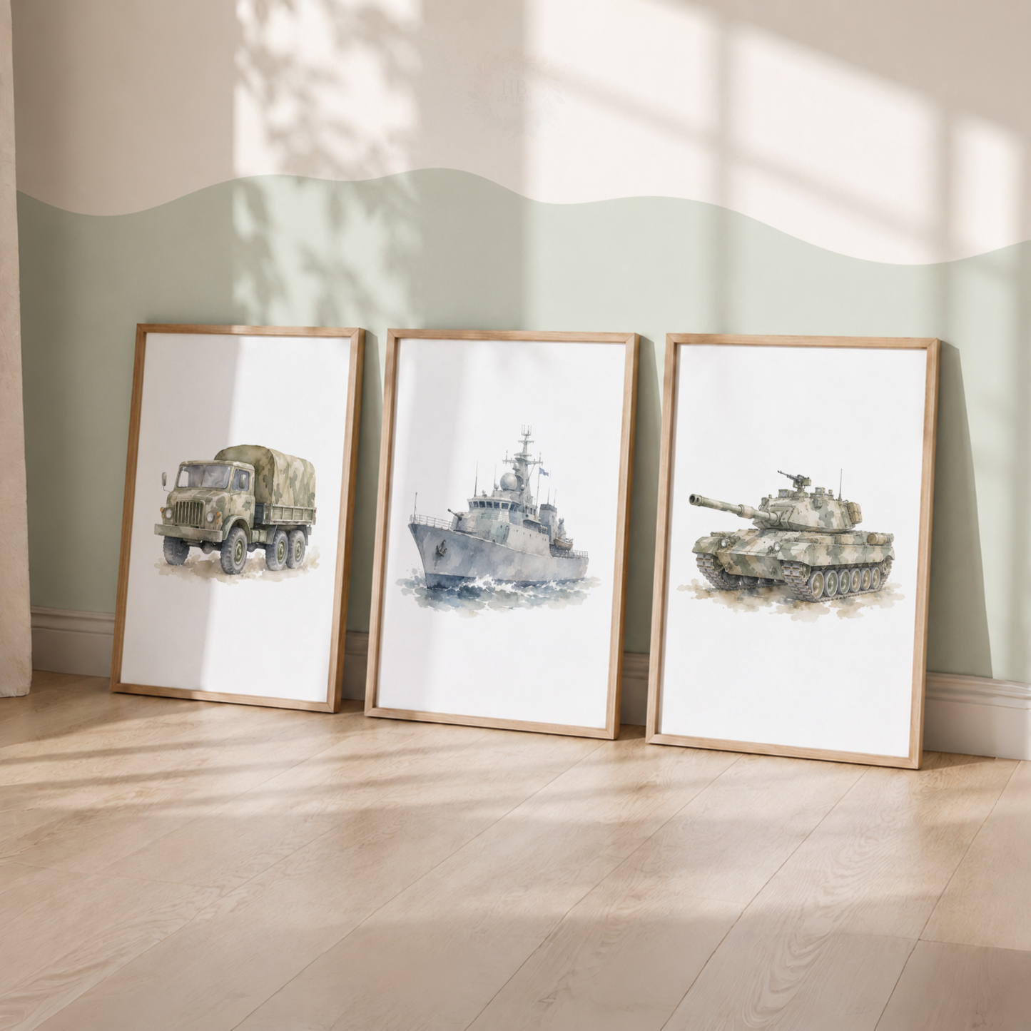 Military Vehicle Wall Art Set – Army Truck, Navy Ship & Tank Prints