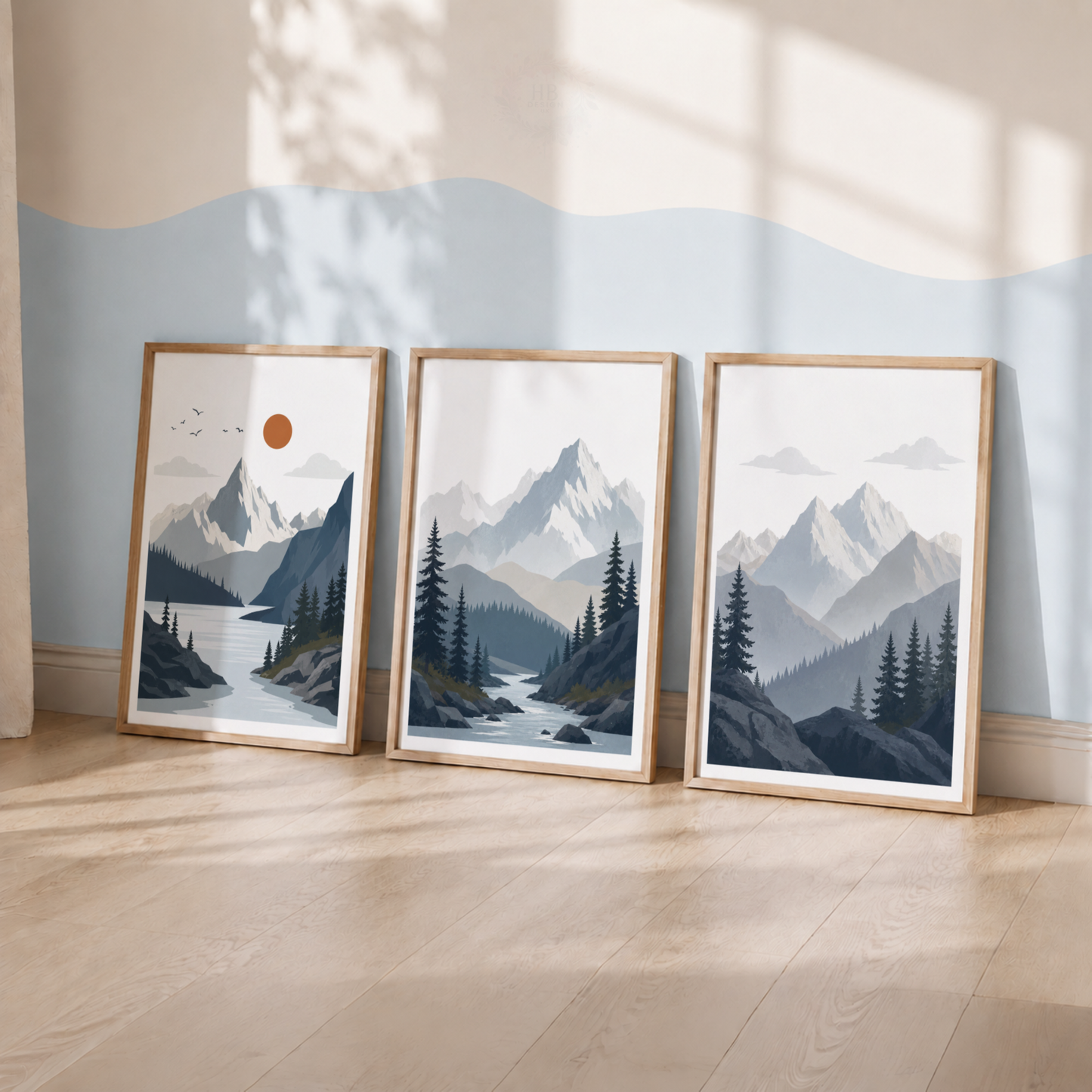 Mountain Landscape Wall Art Prints – Set of 3 Blue Alpine Forest & Lake Prints