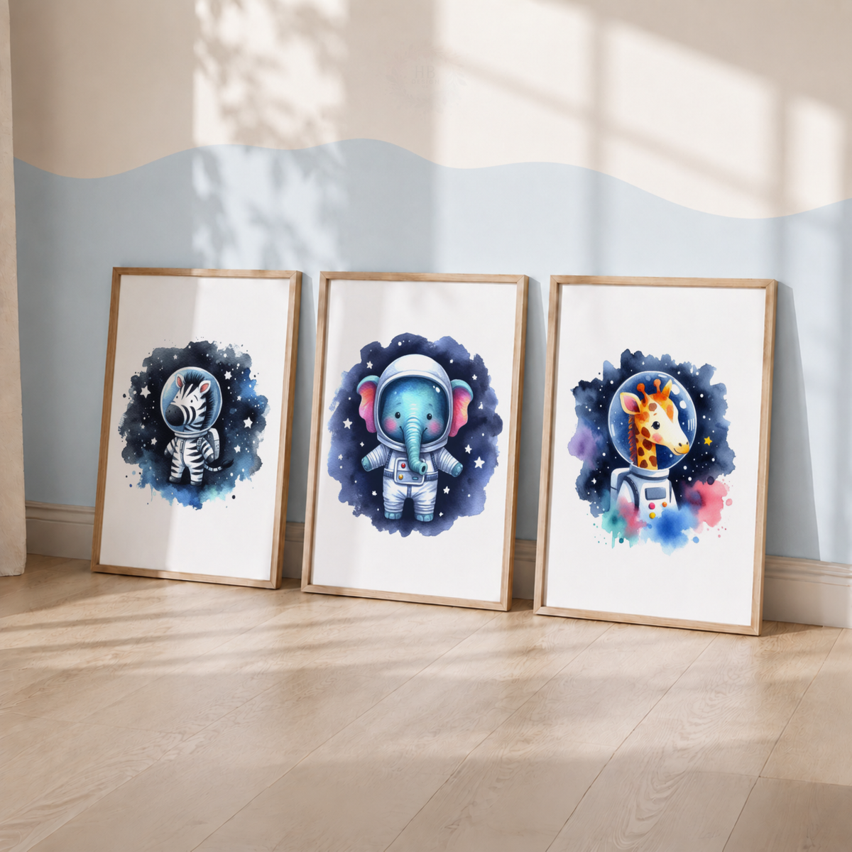 Watercolor Safari Animal Astronaut Nursery Prints Set – Zebra Elephant & Giraffe Space Wall Art