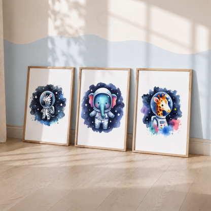 Watercolor Safari Animal Astronaut Nursery Prints Set – Zebra Elephant & Giraffe Space Wall Art