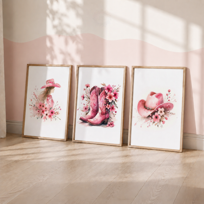 Pink Cowgirl Wall Art Set – Floral Western Boots & Cowboy Hat Prints