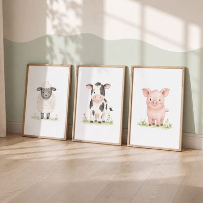 Farm Animal Nursery Wall Art Print Set – Sheep, Cow & Pig