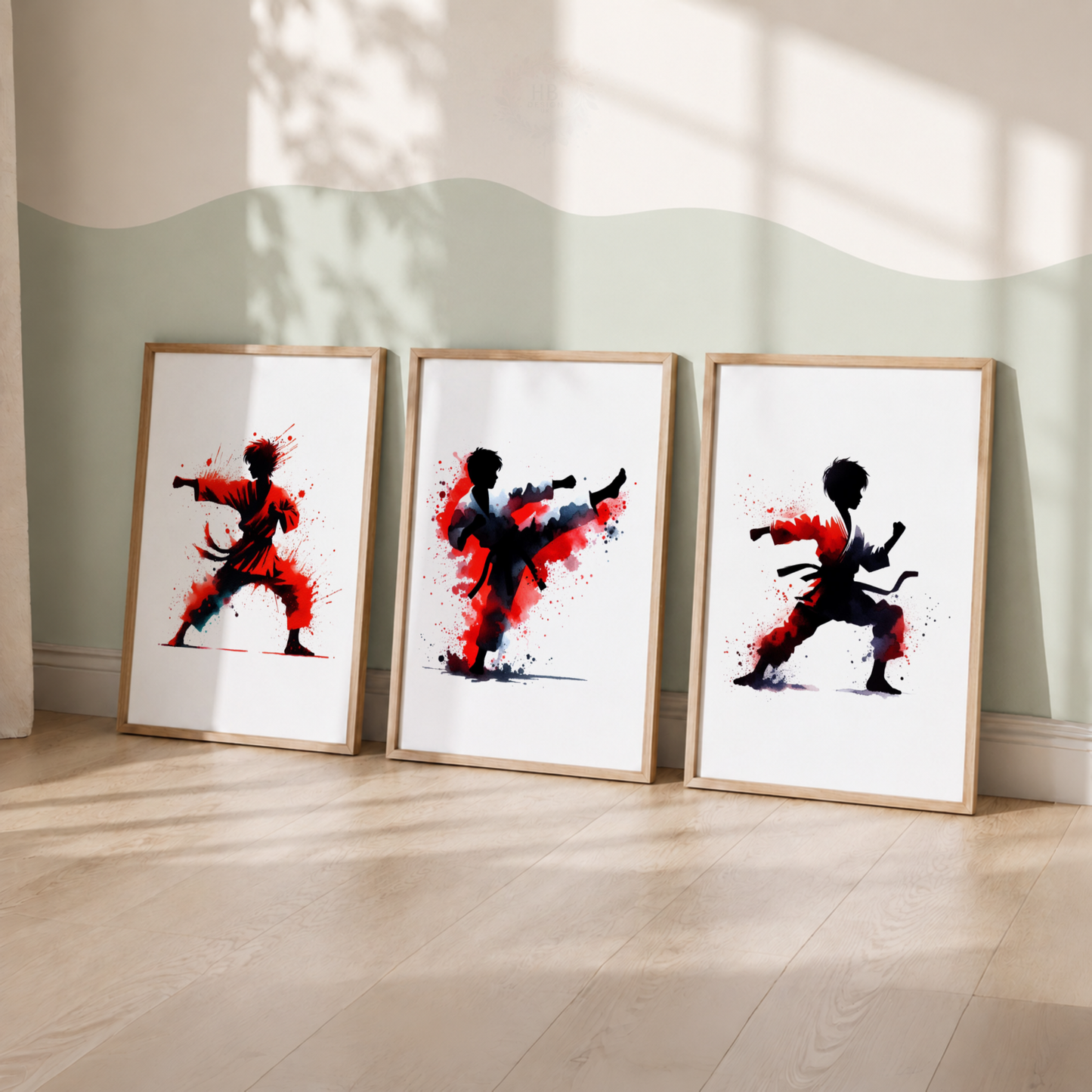 Karate Watercolor Wall Art Set – Red & Black Martial Arts Sports Prints