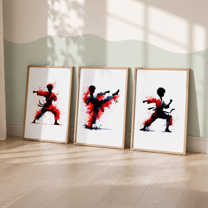Karate Watercolor Wall Art Set – Red & Black Martial Arts Sports Prints