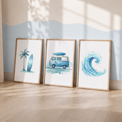 Surfing Watercolor Wall Art Set – Surf Van, Surfboard & Ocean Wave Nursery Prints